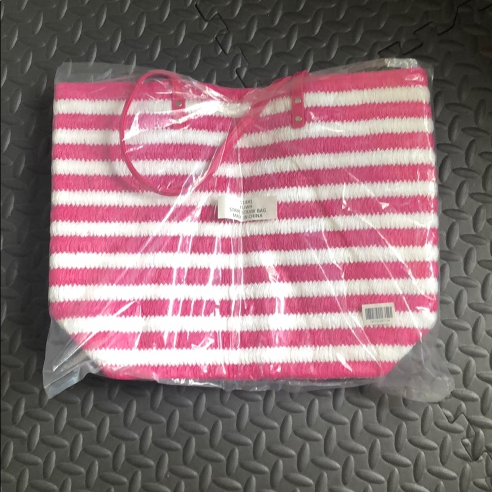 NEW white & pink striped straw bag